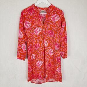 Natori Tunic Top Women S Red & Pink Floral V Neck 3/4 sleeve Flowy Soft Rayon
